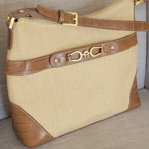Etienne Aigner Tan Woven Faux Leather Croc Trim Adjustable Shoulder Bag Purse